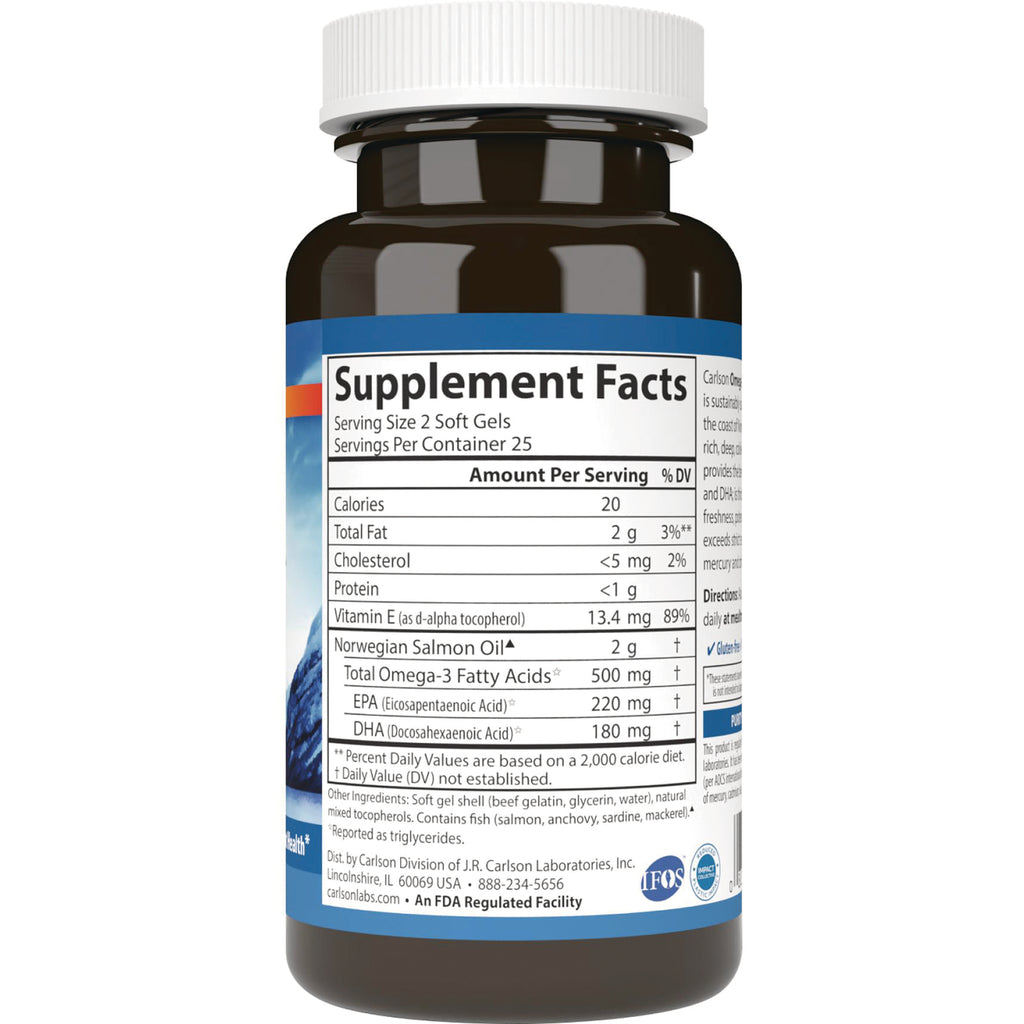 Supplement Facts panel on brown bottle showing serving size, calories, total fat, omega-3 amounts and other ingredients - Thumbnail