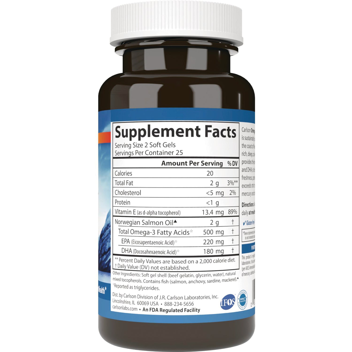 Supplement Facts panel on brown bottle showing serving size, calories, total fat, omega-3 amounts and other ingredients