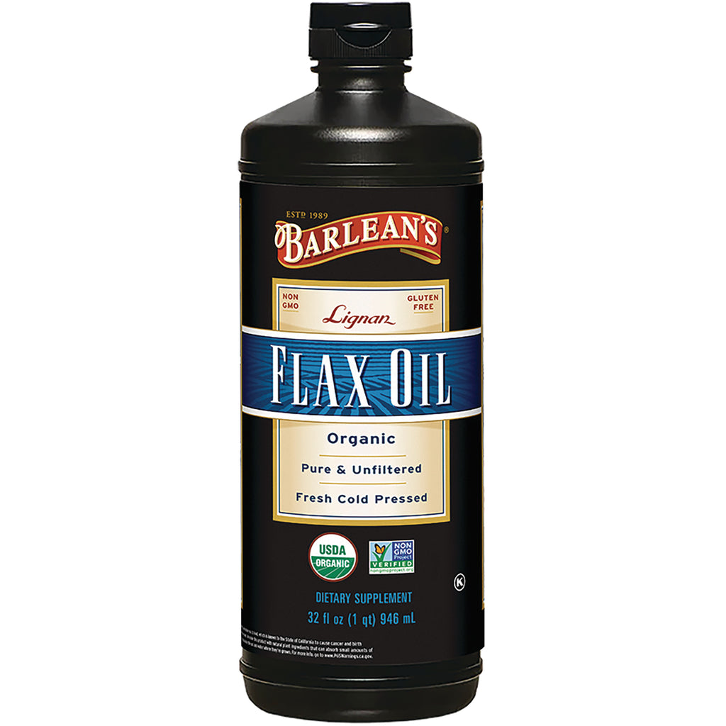 Barlean's Flax Oil organic 32 fl oz bottle labeled Pure & Unfiltered Fresh Cold Pressed USDA Organic - Thumbnail