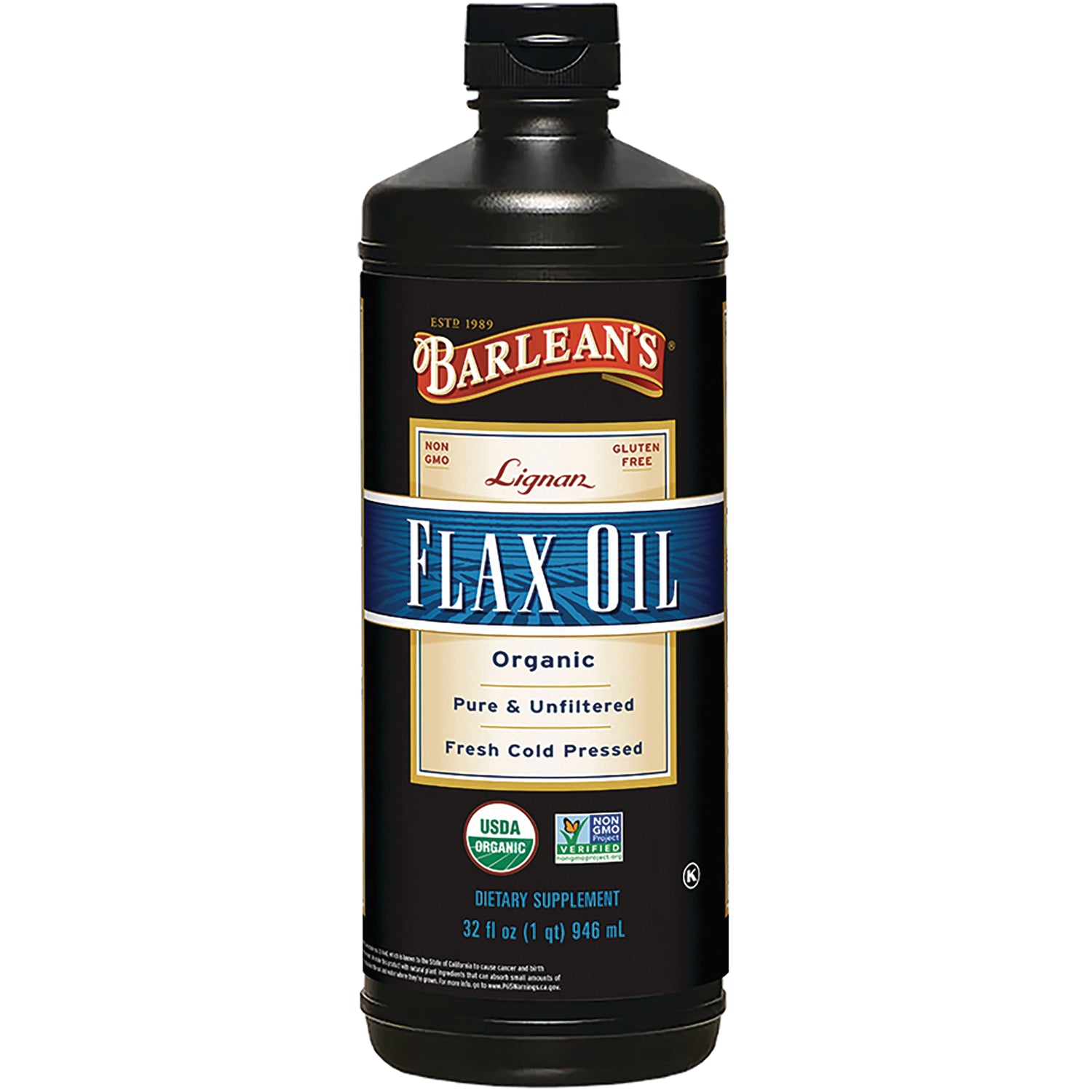 Barlean's Flax Oil organic 32 fl oz bottle labeled Pure & Unfiltered Fresh Cold Pressed USDA Organic