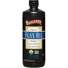 Barlean's Flax Oil organic 32 fl oz bottle labeled Pure & Unfiltered Fresh Cold Pressed USDA Organic