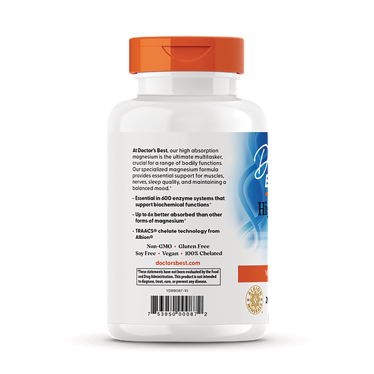 DB111 | Back of white supplement bottle with orange cap showing ingredient text, claims and barcode