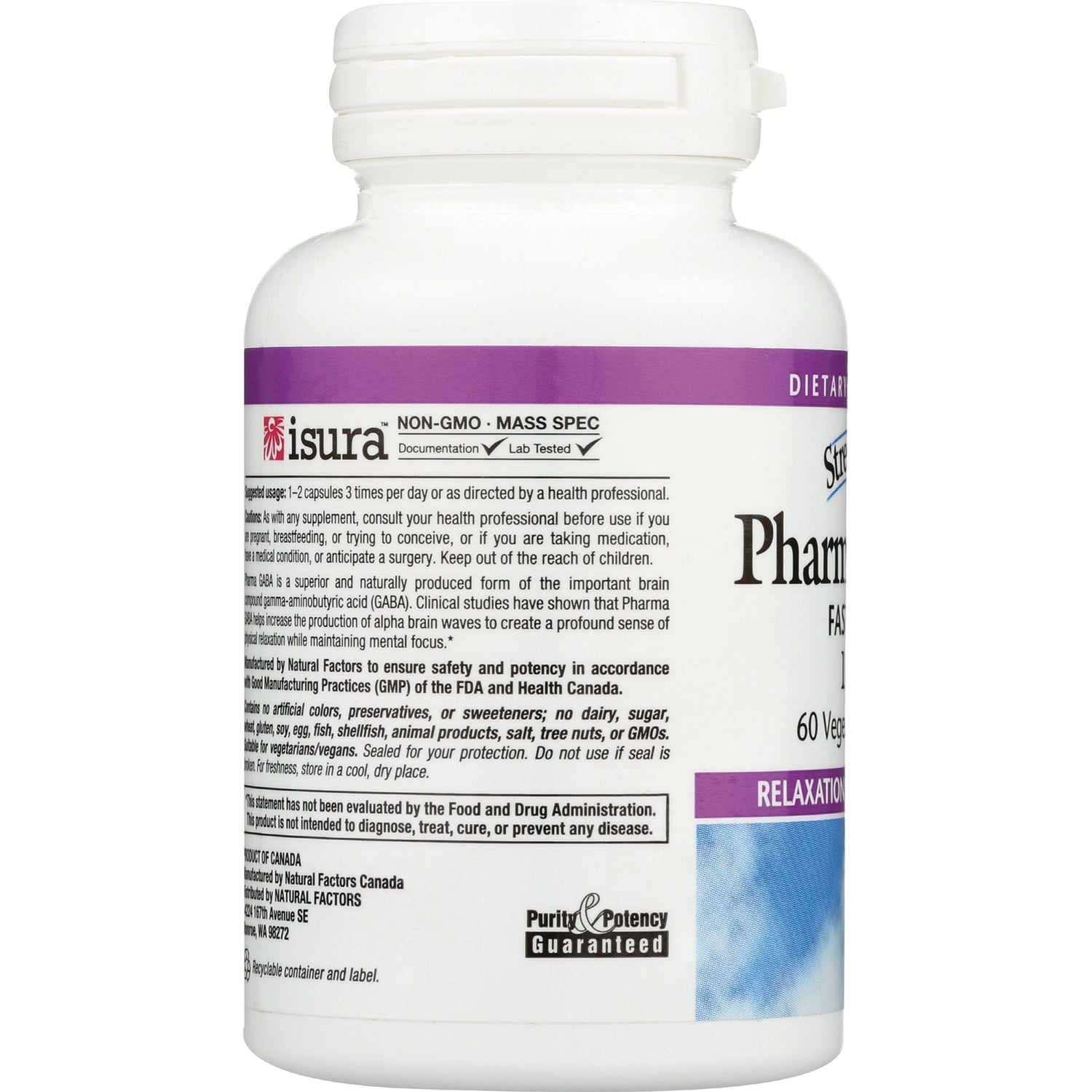 NFC141 | back label of white supplement bottle showing ISURA non-GMO mass spec logo and ingredient panel