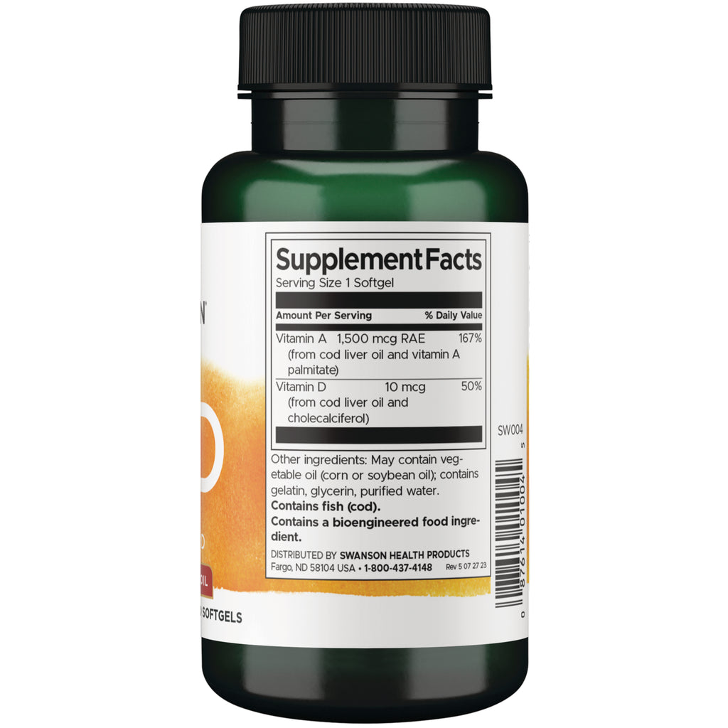 SW004 | Back of Swanson A&D bottle with Supplement Facts and serving size - Thumbnail