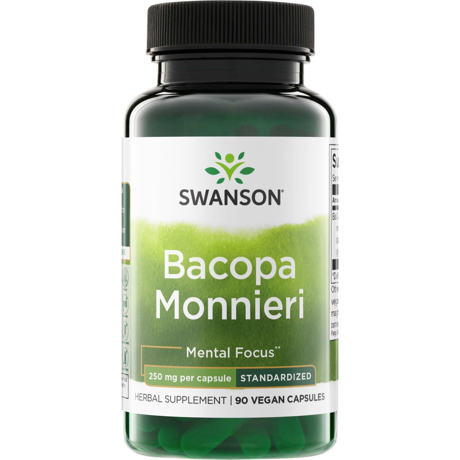 SWH145 | Swanson Bacopa Monnieri supplement bottle, 250 mg per capsule, standardized, 90 capsules, Mental Focus