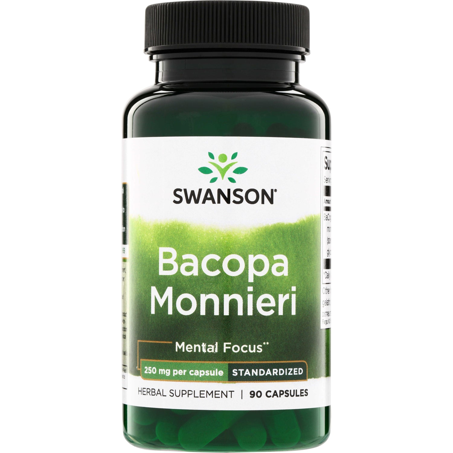 SWH145 | Swanson Bacopa Monnieri supplement bottle, 250 mg per capsule, standardized, 90 capsules, Mental Focus