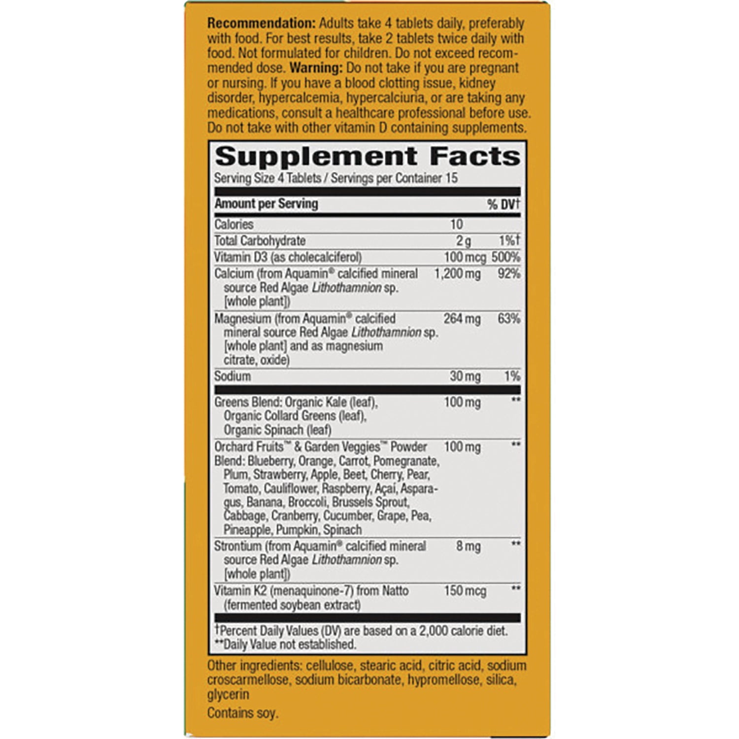 NW857 | supplement facts panel showing serving size, nutrient amounts, and ingredient list on orange background