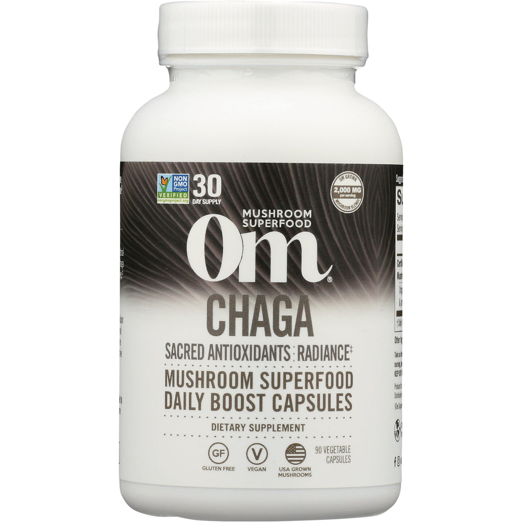 MMX023 | Om Chaga mushroom superfood daily boost capsules bottle front label, 90 vegetable capsules - Thumbnail