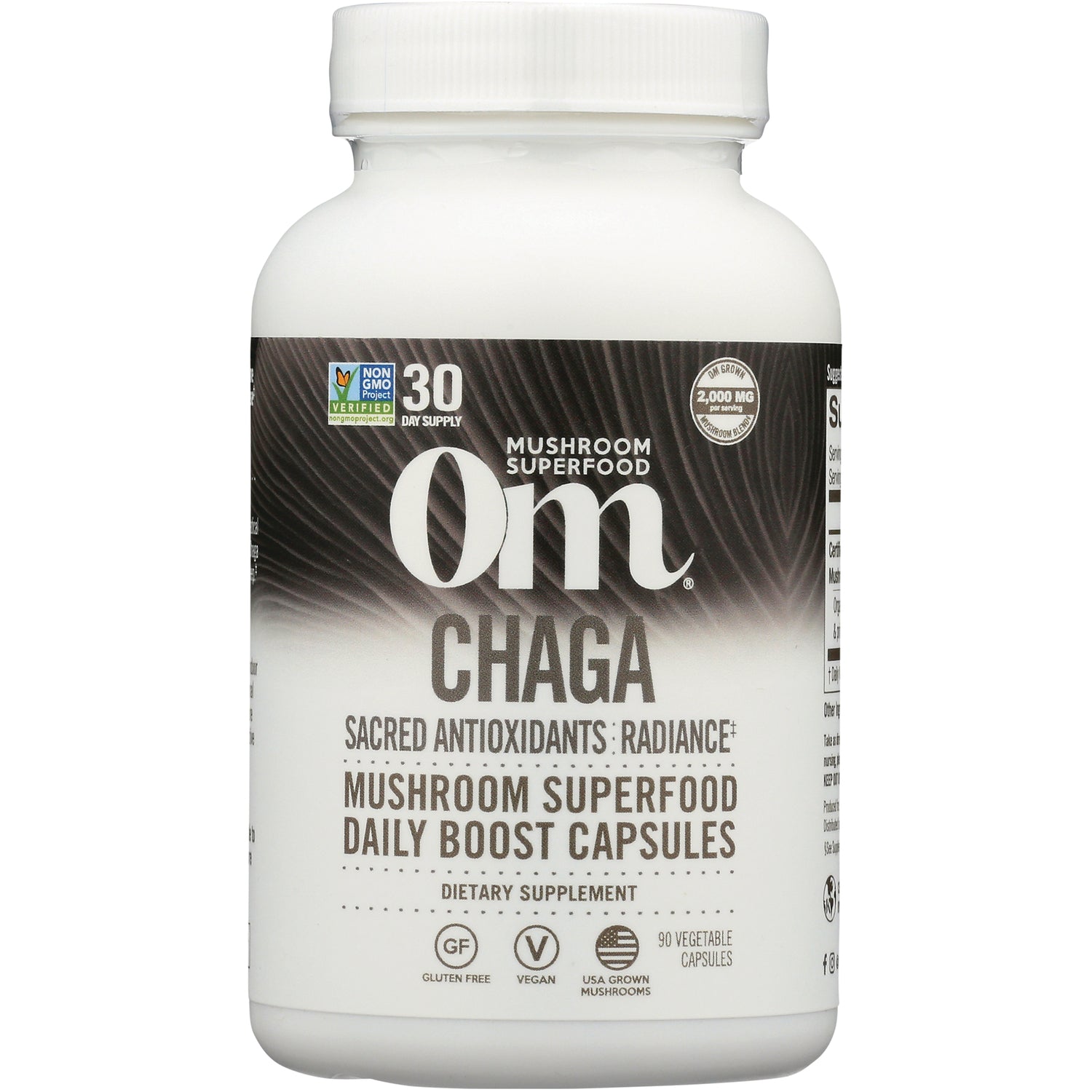 MMX023 | Om Chaga mushroom superfood daily boost capsules bottle front label, 90 vegetable capsules