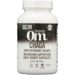 MMX023 | Om Chaga mushroom superfood daily boost capsules bottle front label, 90 vegetable capsules