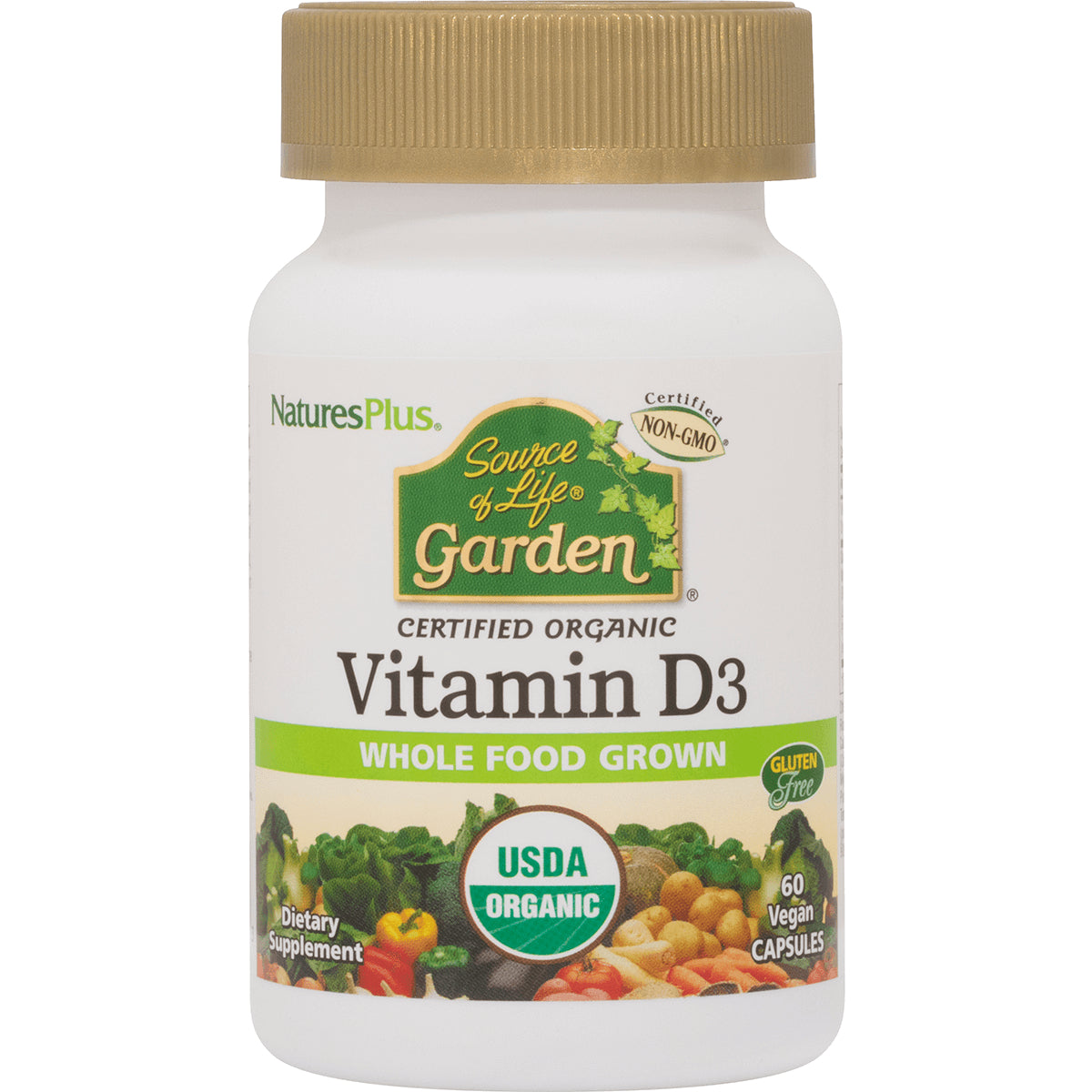 NTP294 | Front of Nature's Plus Source of Life Garden Vitamin D3 bottle, USDA Organic, 60 vegan capsules