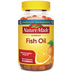 NTM035 | Nature Made Fish Oil gummy supplement bottle, 90 orange-flavored gummies, yellow label