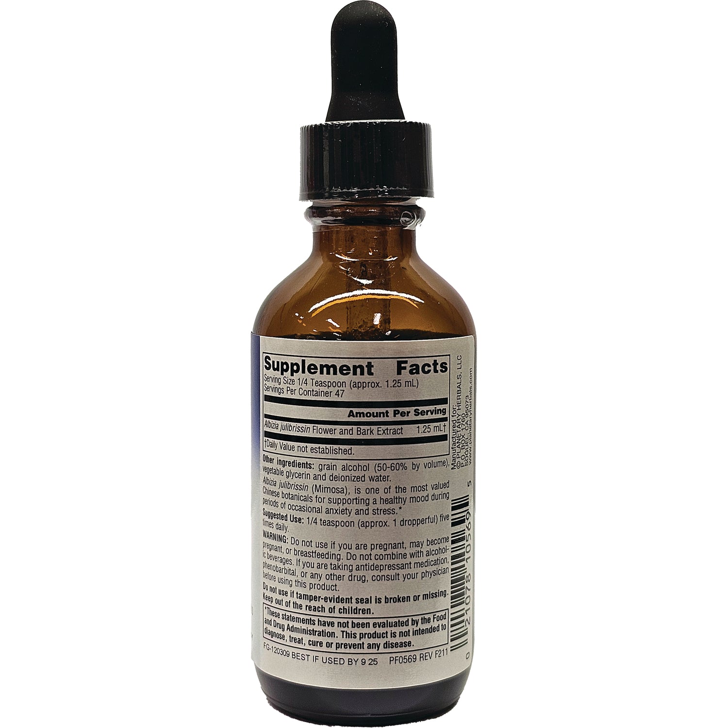 PF040 | Back label showing Supplement Facts, ingredients, and warnings on amber dropper bottle