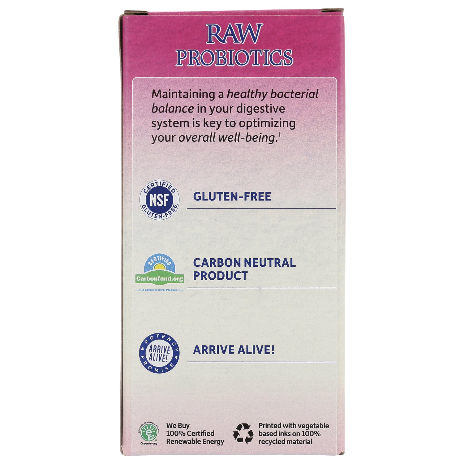 GLF154 | side panel product infographic for RAW PROBIOTICS showing gluten-free, carbon neutral, and Arrive Alive badges