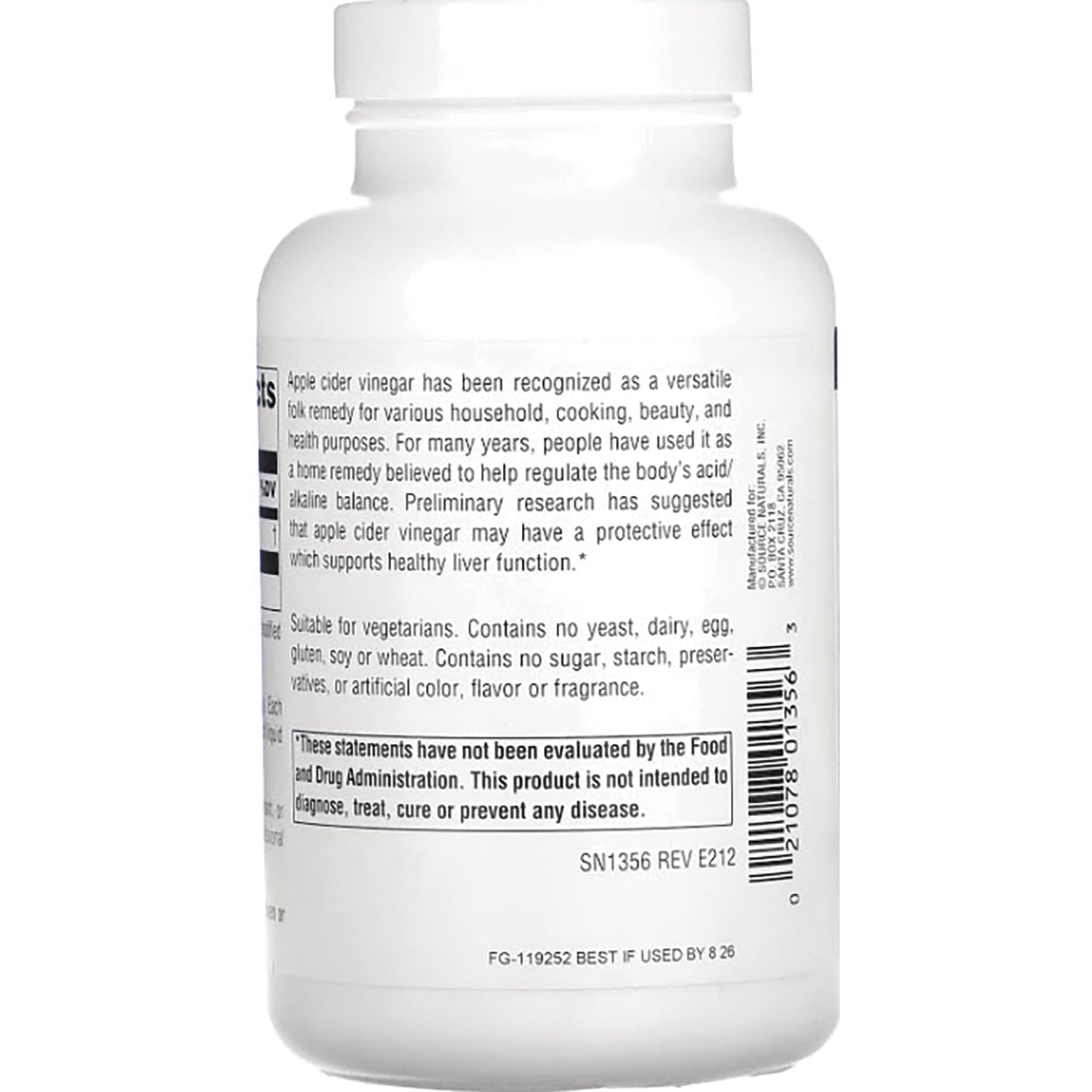 SN503 | Back label with apple cider vinegar description, ingredient notes, FDA disclaimer, and barcode