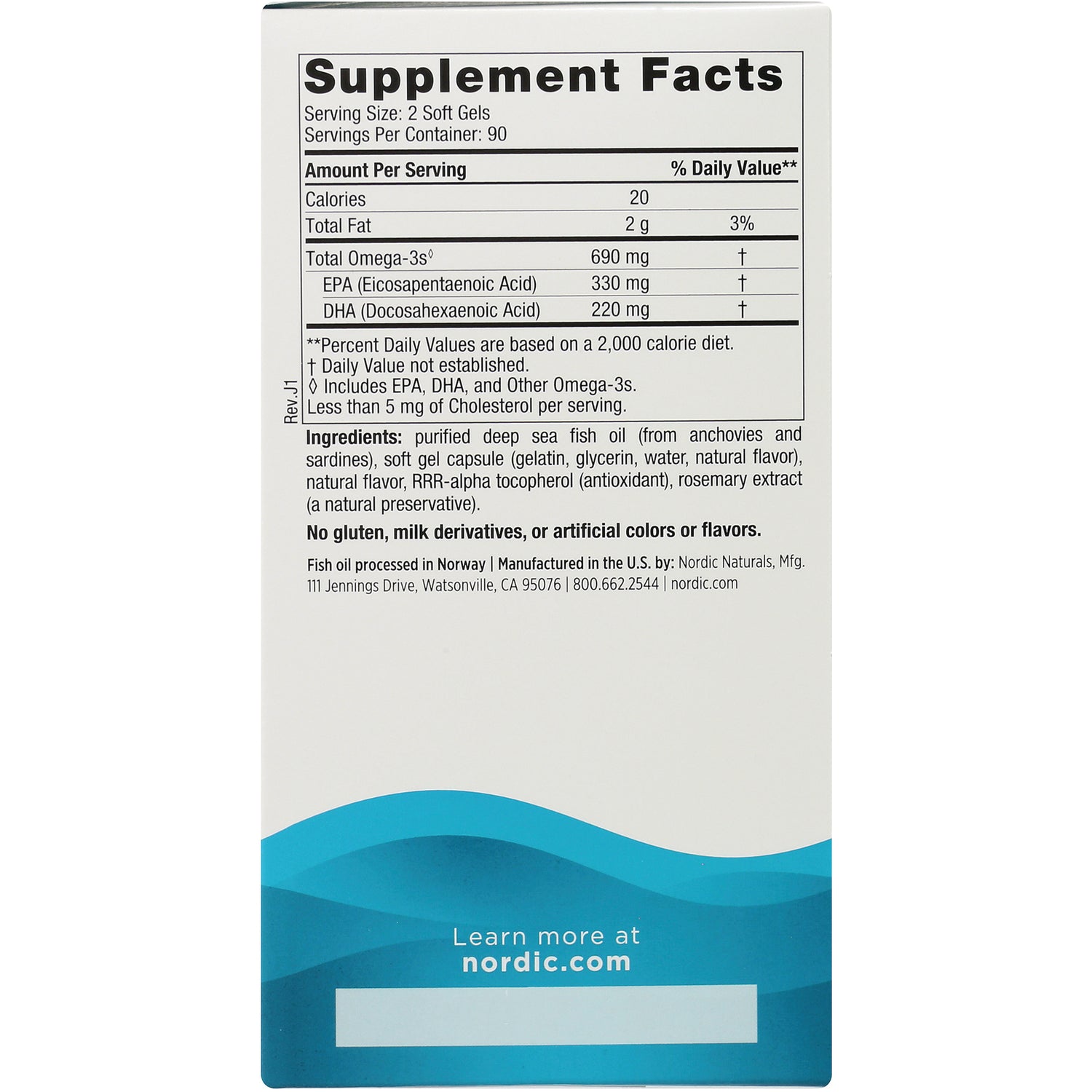 NRN027 | Back panel showing Supplement Facts nutrition label, ingredients list, and Learn more at nordic.com