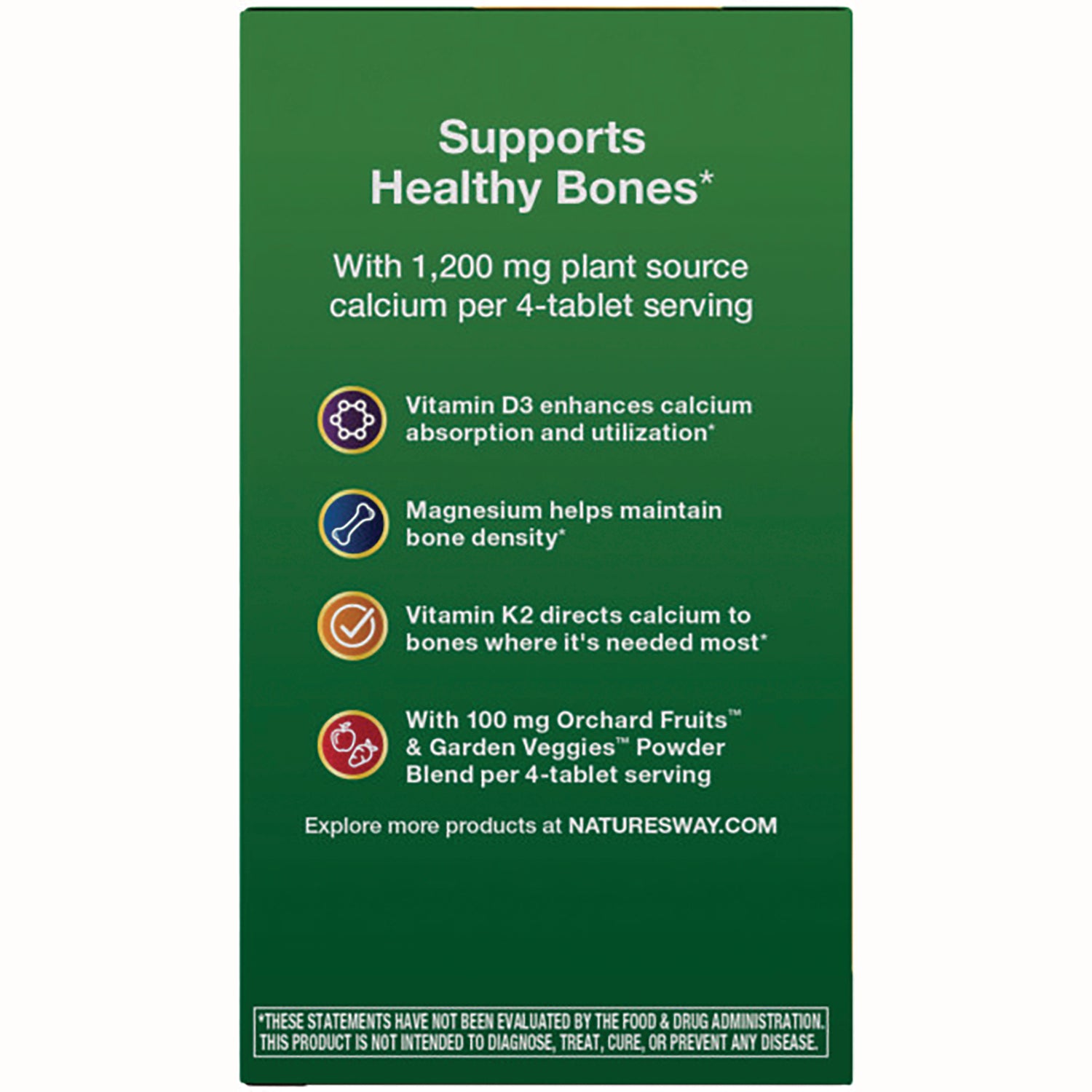 NW816 | back panel listing Supports Healthy Bones, 1,200 mg plant calcium per 4-tablet serving and nutrient highlights