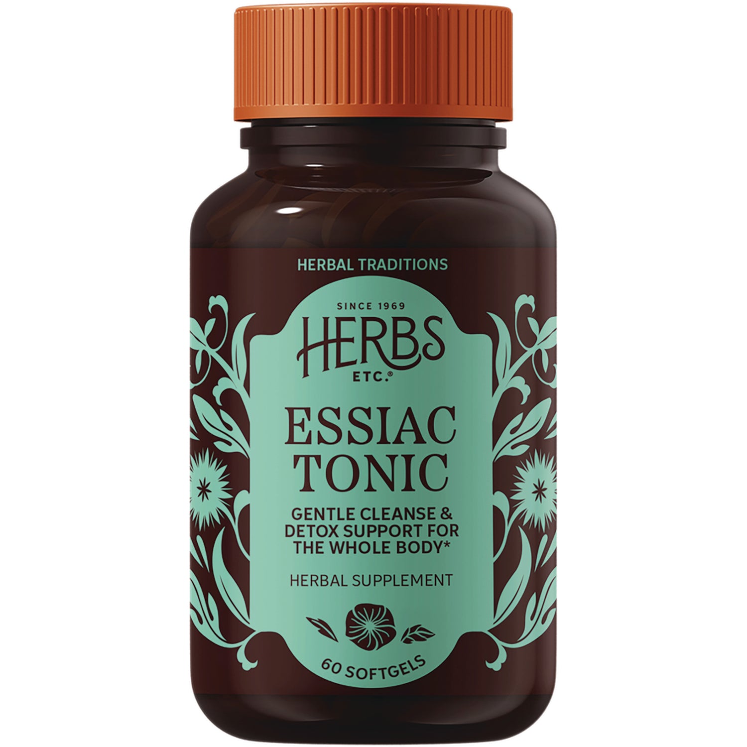 HE107 | Herbs Etc Essiac Tonic brown bottle with teal label reading ESSIAC TONIC gentle cleanse & detox support 60 softgels