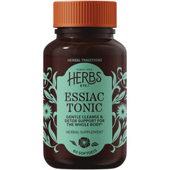 HE107 | Herbs Etc Essiac Tonic brown bottle with teal label reading ESSIAC TONIC gentle cleanse & detox support 60 softgels