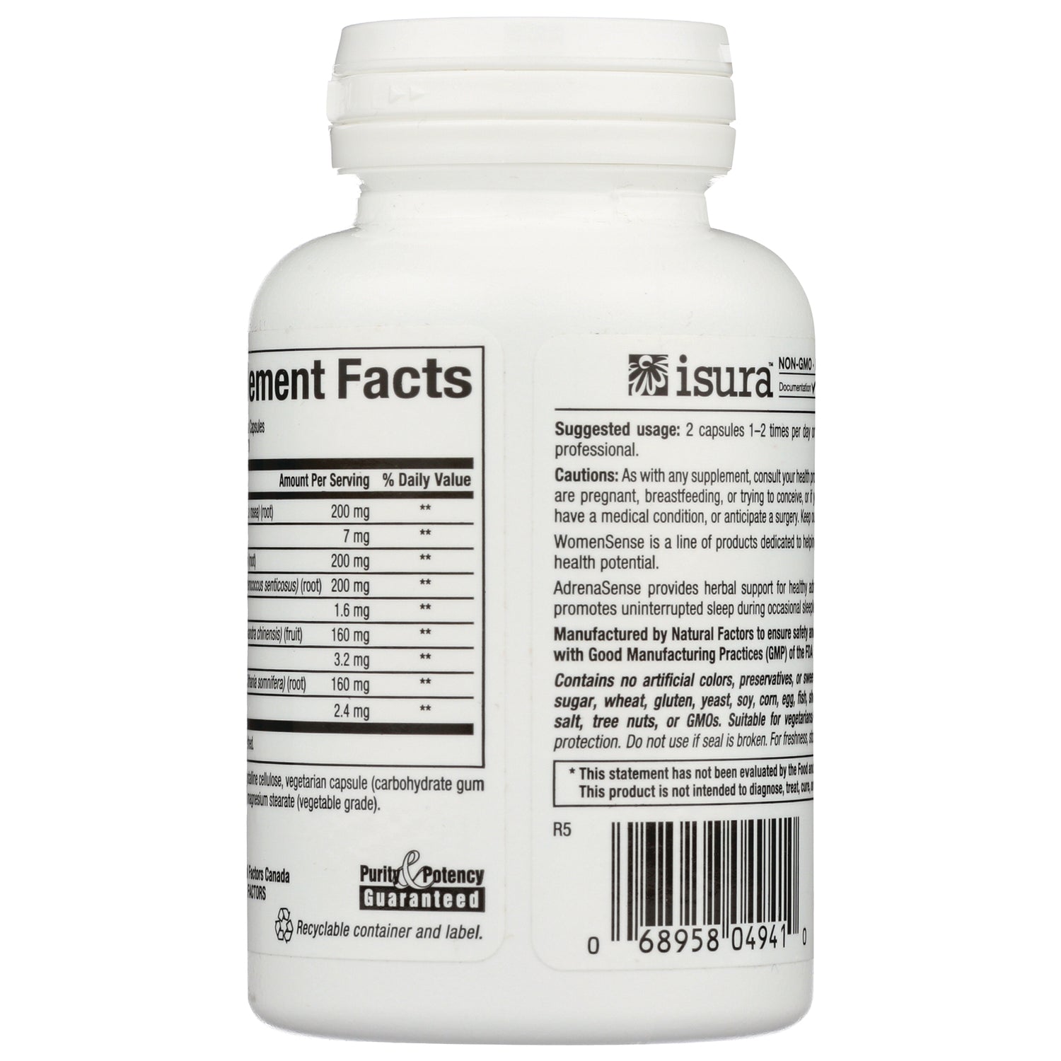 NFC148 | back of white supplement bottle showing Supplement Facts panel, directions text and barcode