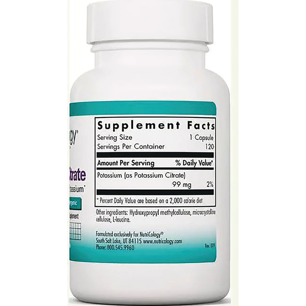 NCL059 | Back of white supplement bottle showing Supplement Facts panel with serving size 1 capsule and potassium 99 mg - Thumbnail