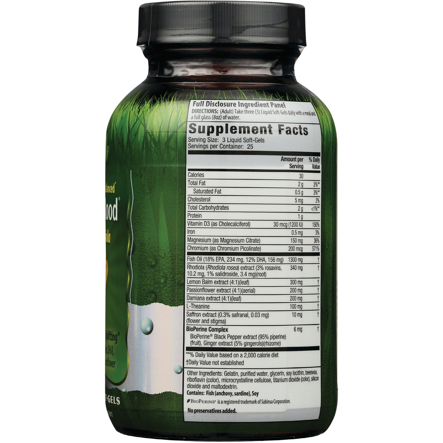 IR090 | back label showing Supplement Facts and full disclosure ingredient panel on green supplement bottle