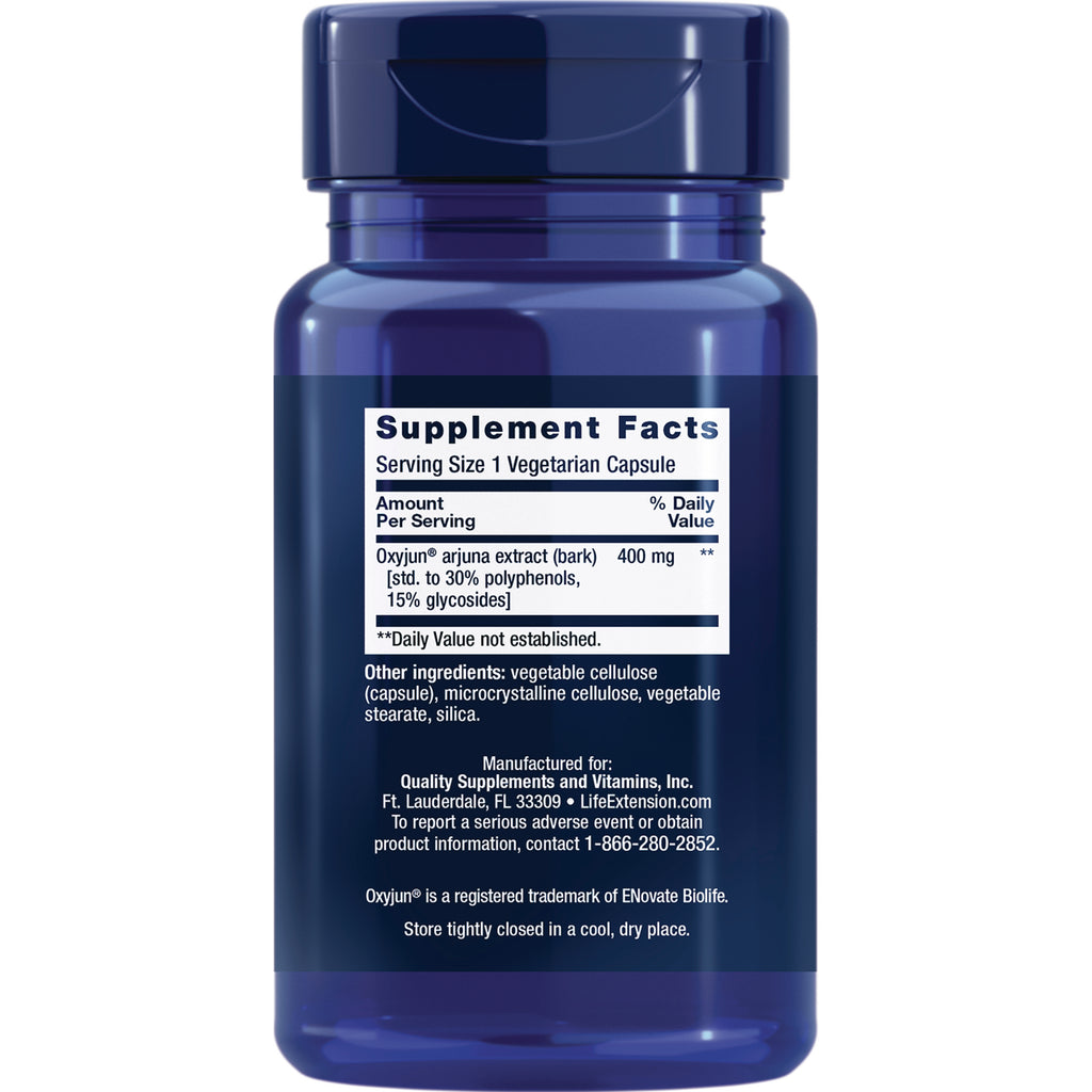 LE593 | Back label of blue supplement bottle showing Supplement Facts: Serving Size 1 Vegetarian Capsule, Oxyjun arjuna extract 400 mg and other ingredients - Thumbnail