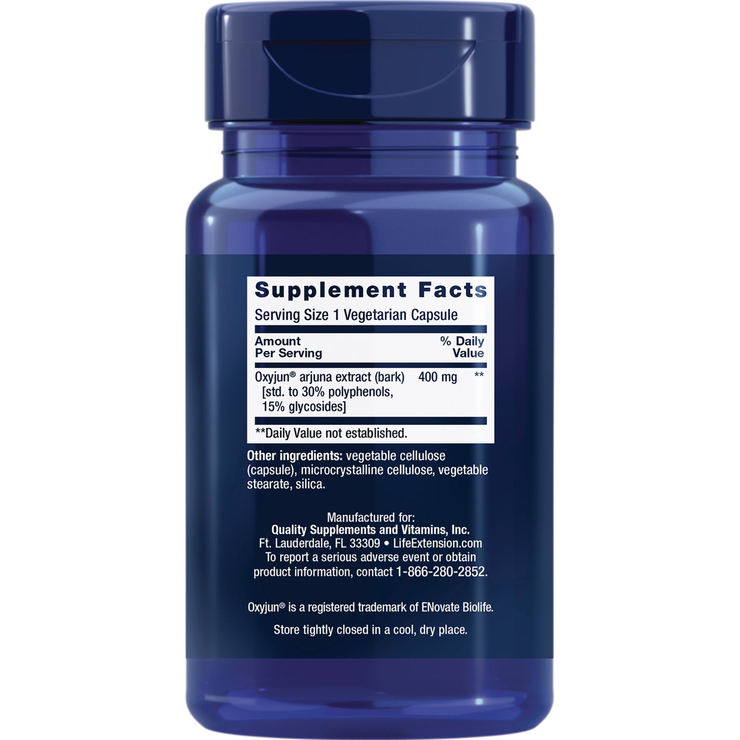 LE593 | Back label of blue supplement bottle showing Supplement Facts: Serving Size 1 Vegetarian Capsule, Oxyjun arjuna extract 400 mg and other ingredients