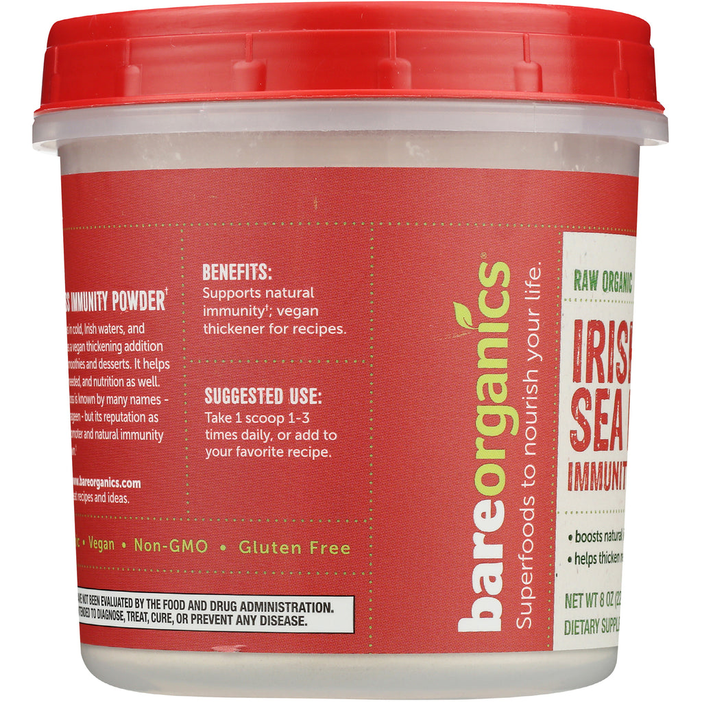 BOR011 | Red tub side label showing Benefits (supports natural immunity) and Suggested Use (take 1 scoop 1-3 times daily), bareorganics branding - Thumbnail