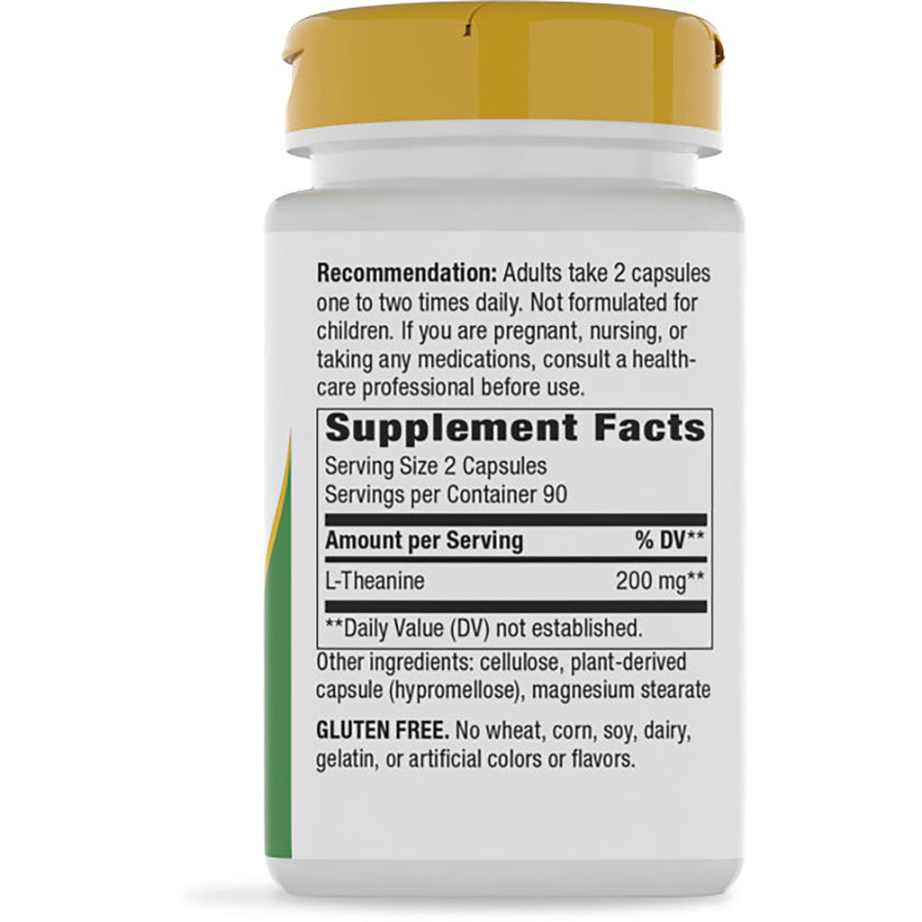 ET391 | Back label showing Supplement Facts and directions, L-Theanine 200 mg, serving size 2 capsules - Thumbnail