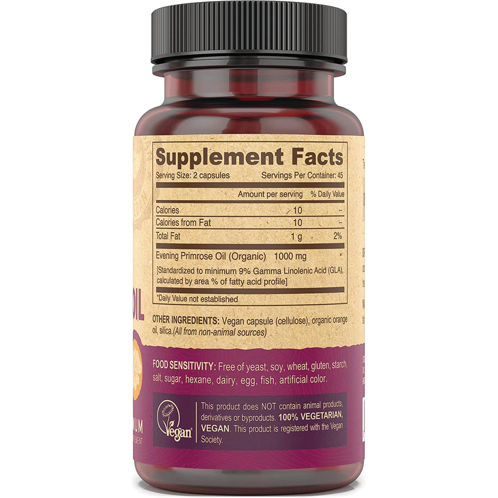 DEV020 | Back label showing Supplement Facts with serving size 2 capsules, Evening Primrose Oil 1000 mg, ingredients and vegan claim - Thumbnail