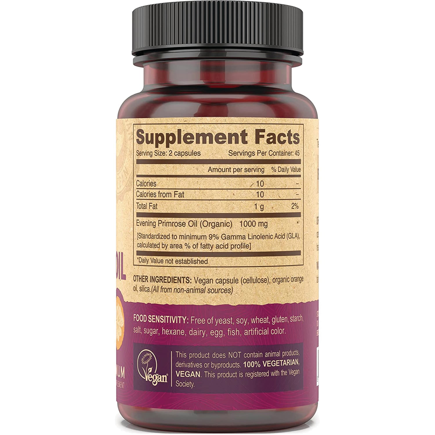 DEV020 | Back label showing Supplement Facts with serving size 2 capsules, Evening Primrose Oil 1000 mg, ingredients and vegan claim
