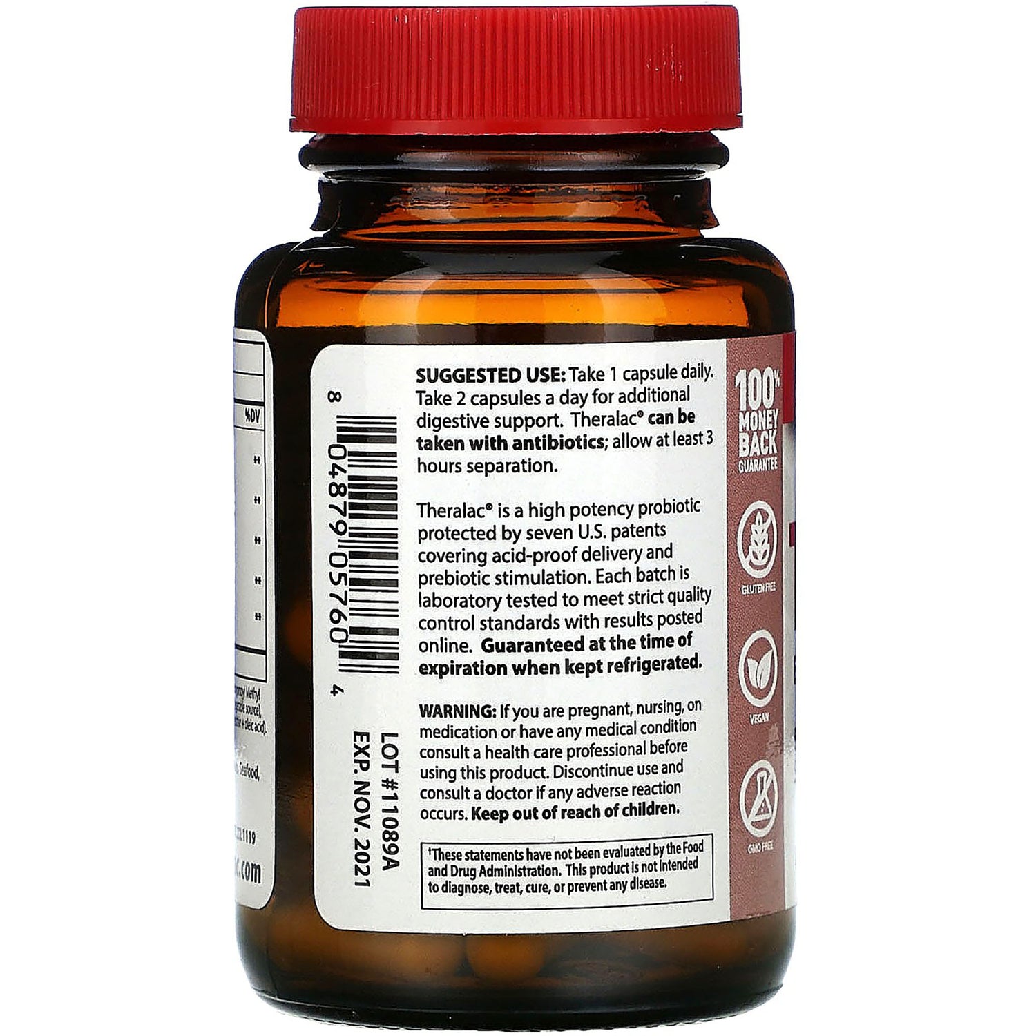 MSP001 | Back of amber supplement bottle showing suggested use, warnings, barcode and certification icons