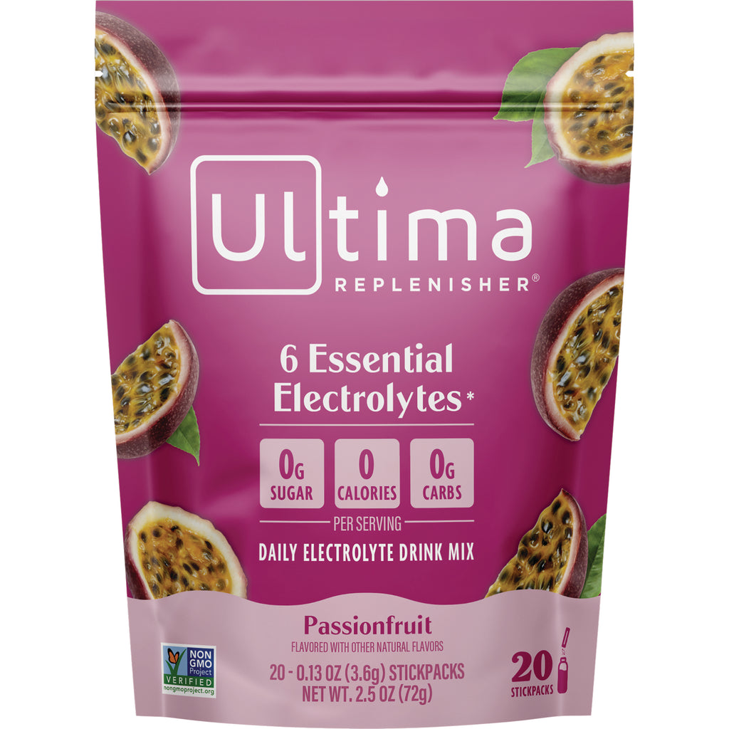 UHP027 | Ultima Replenisher Passionfruit electrolyte drink mix, 20 stickpacks; 6 Essential Electrolytes, 0g sugar, 0 calories, 0g carbs - Thumbnail