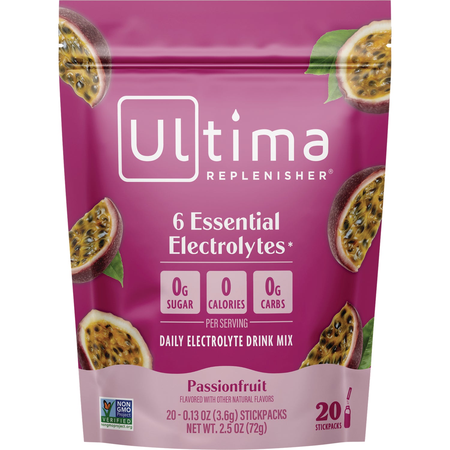 UHP027 | Ultima Replenisher Passionfruit electrolyte drink mix, 20 stickpacks; 6 Essential Electrolytes, 0g sugar, 0 calories, 0g carbs