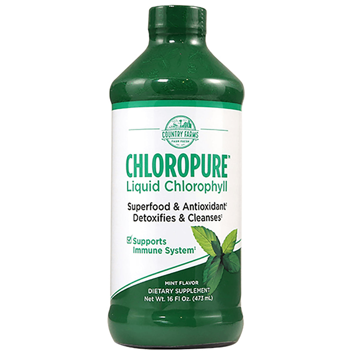 CFR014 | CHLOROPURE liquid chlorophyll mint dietary supplement bottle with green cap and label
