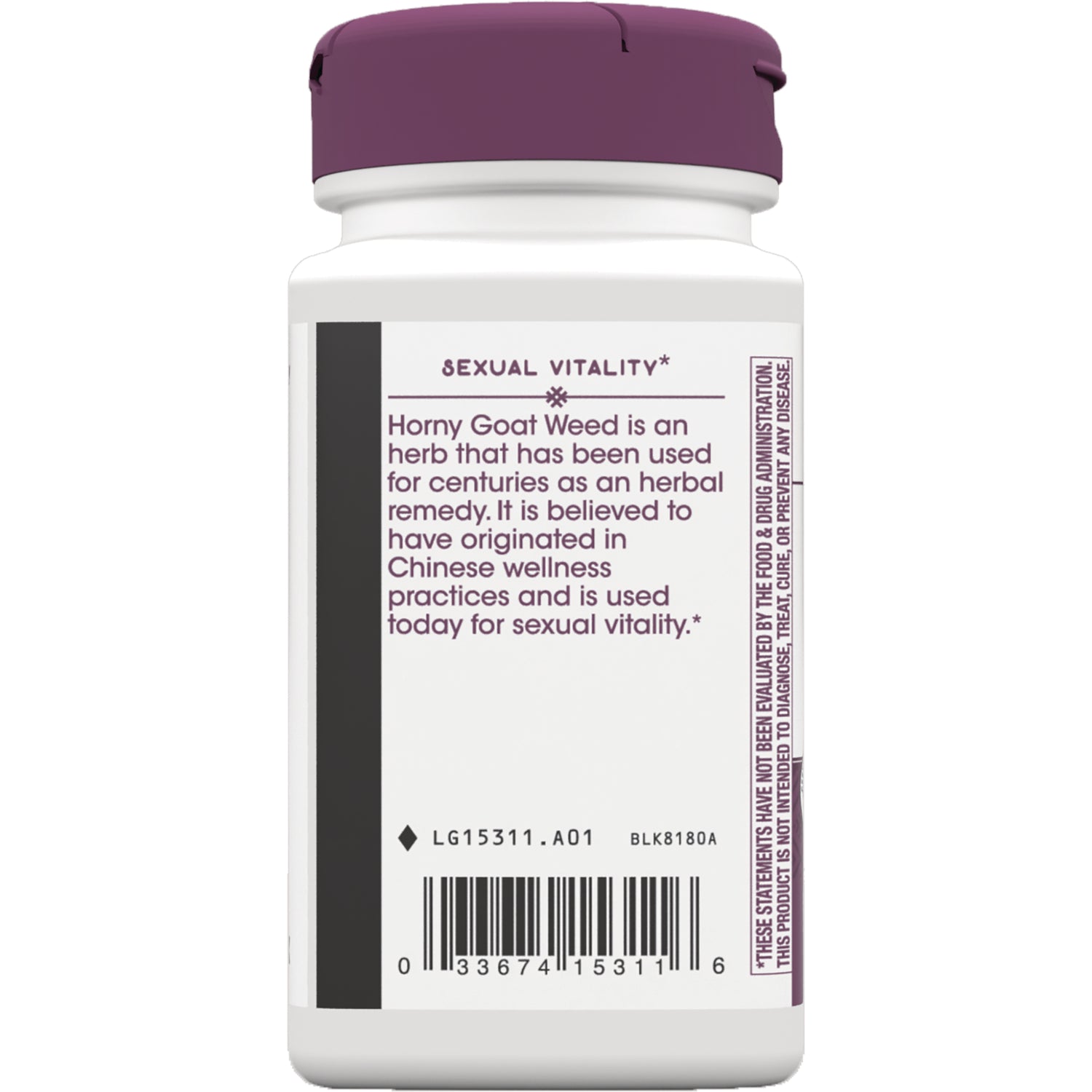 NW736 | back label of supplement bottle reading Sexual Vitality with Horny Goat Weed description and barcode