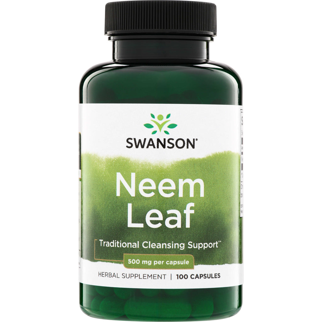 SW1035 | Swanson Neem Leaf 500 mg herbal supplement, 100 capsules bottle, front label, Traditional Cleansing Support - Thumbnail