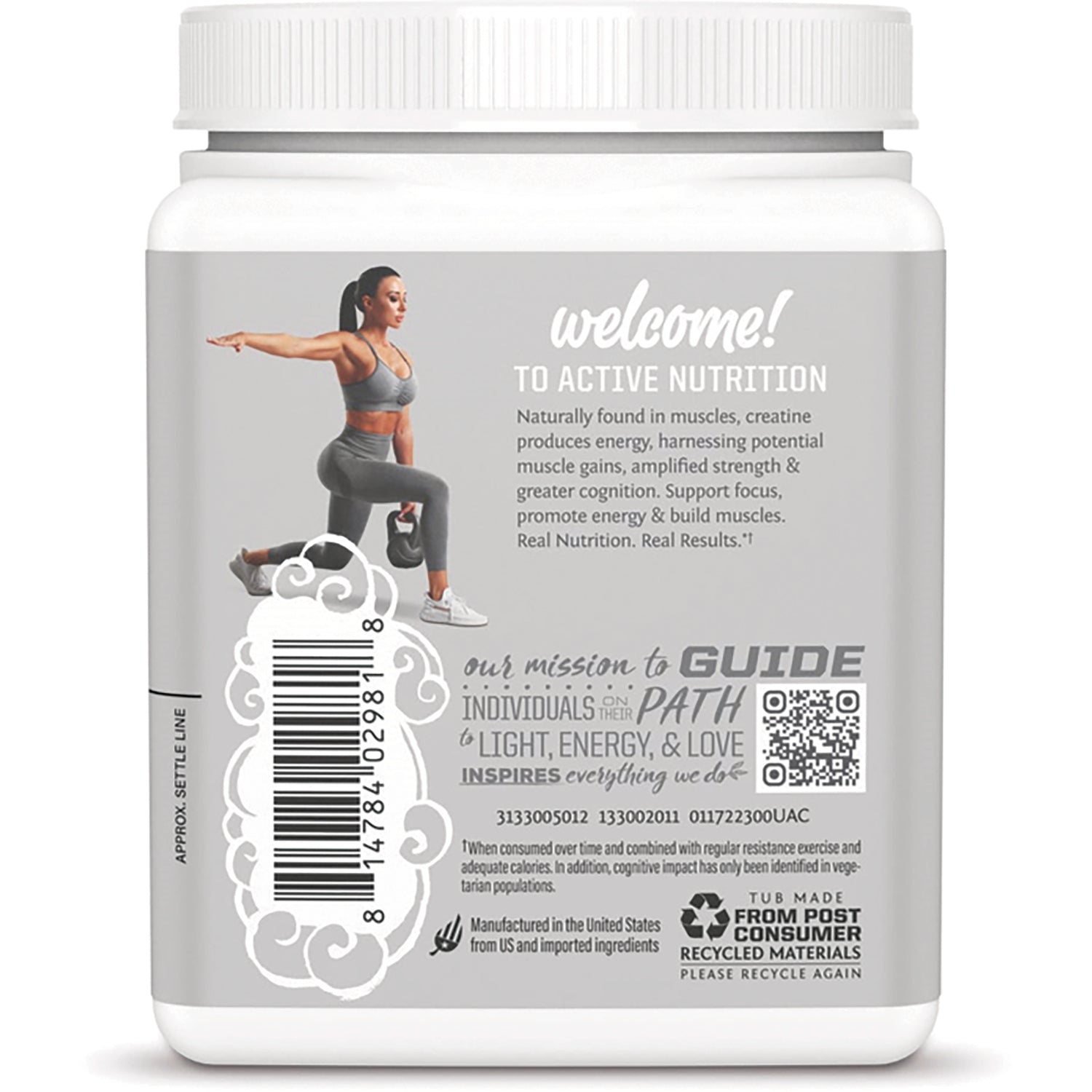 SNW042 | Back of supplement tub with welcome to active nutrition text, barcode, QR code, and recycled materials icon