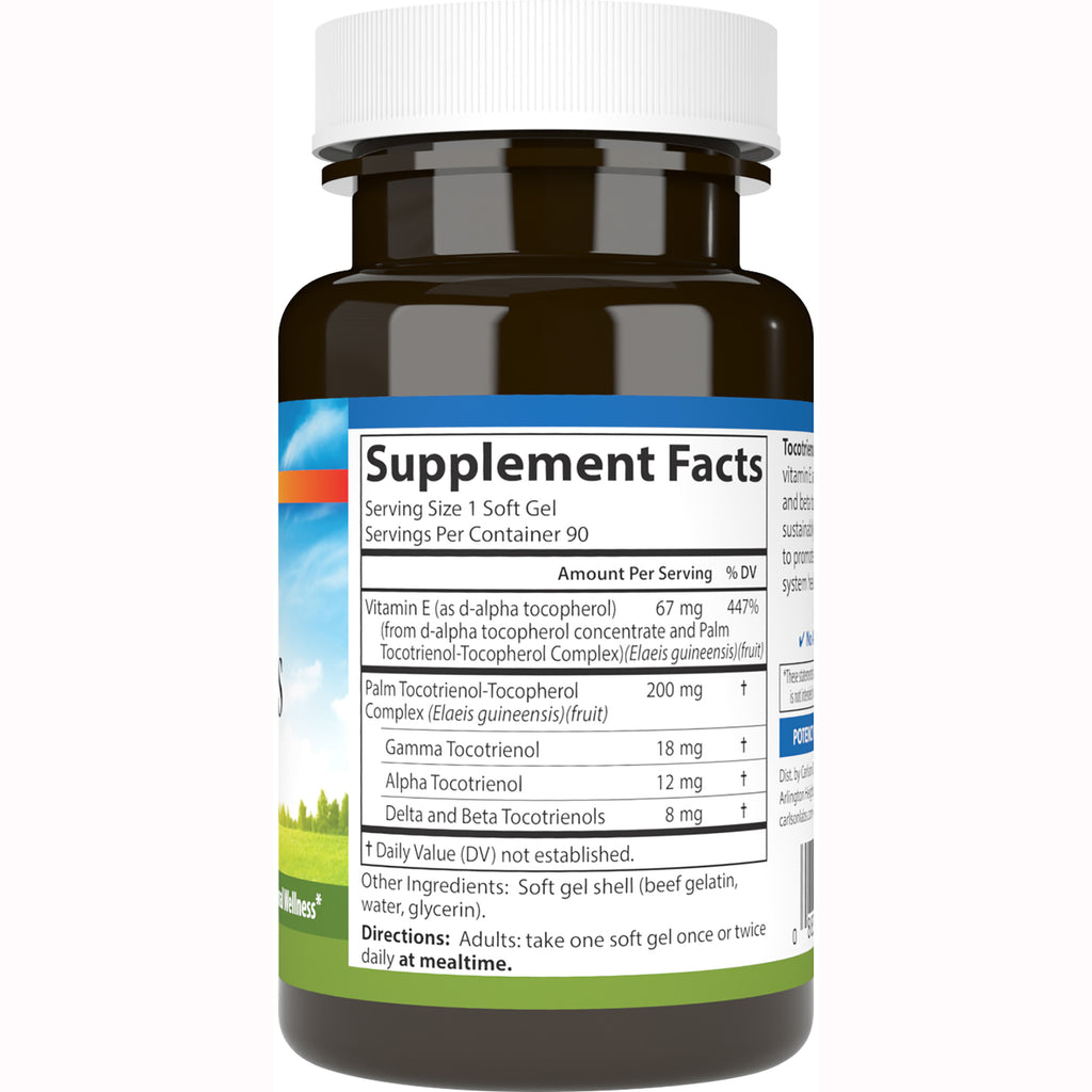 CSN269 | Back of brown supplement bottle showing Supplement Facts panel with serving size, vitamin E amounts and directions - Thumbnail