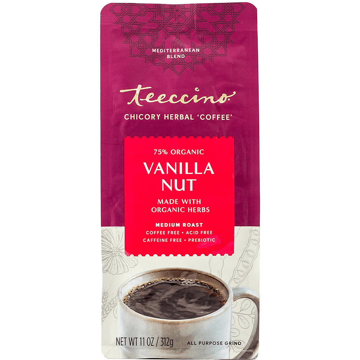TCN003 | Teeccino Vanilla Nut chicory herbal coffee, medium roast, 11 oz bag