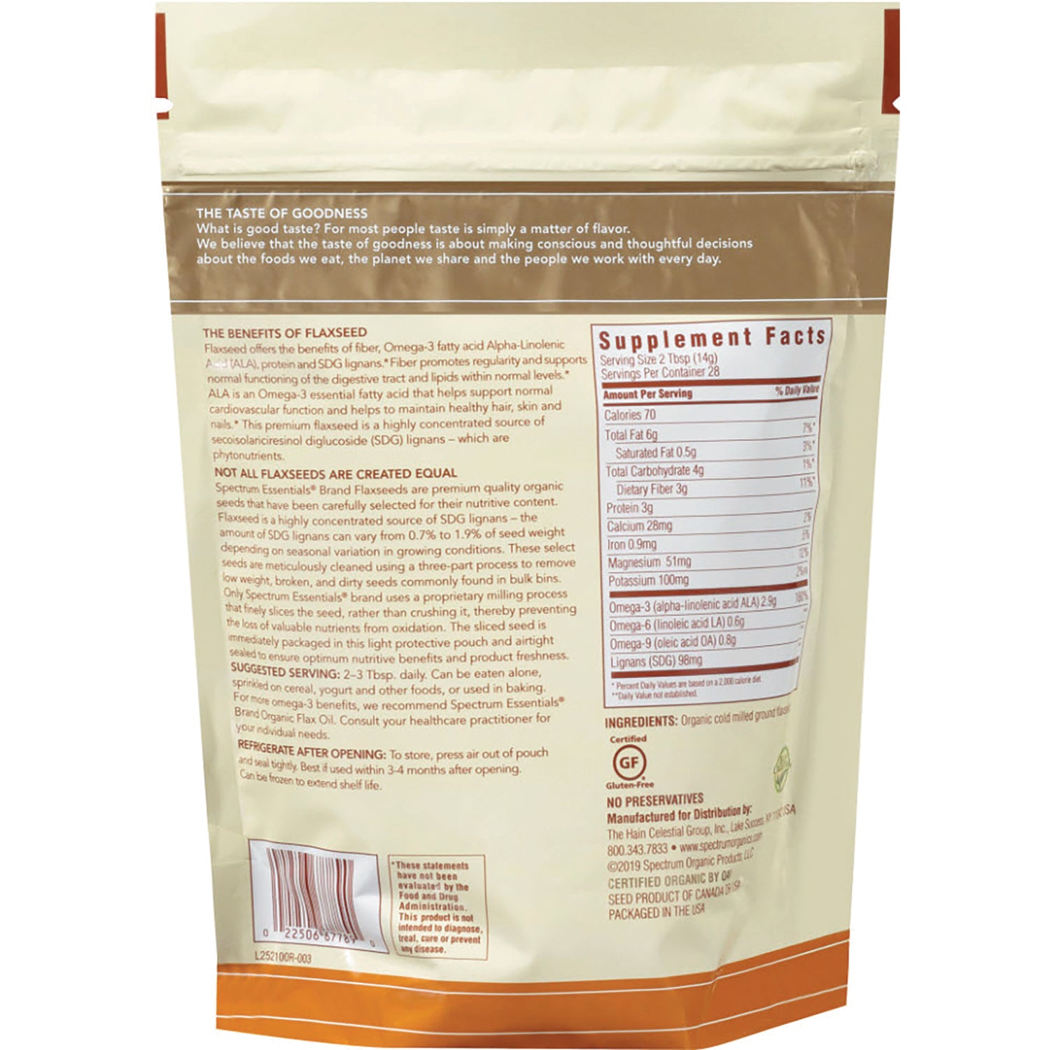SP074 | Back of flaxseed package with Supplement Facts, ingredients, and benefits text