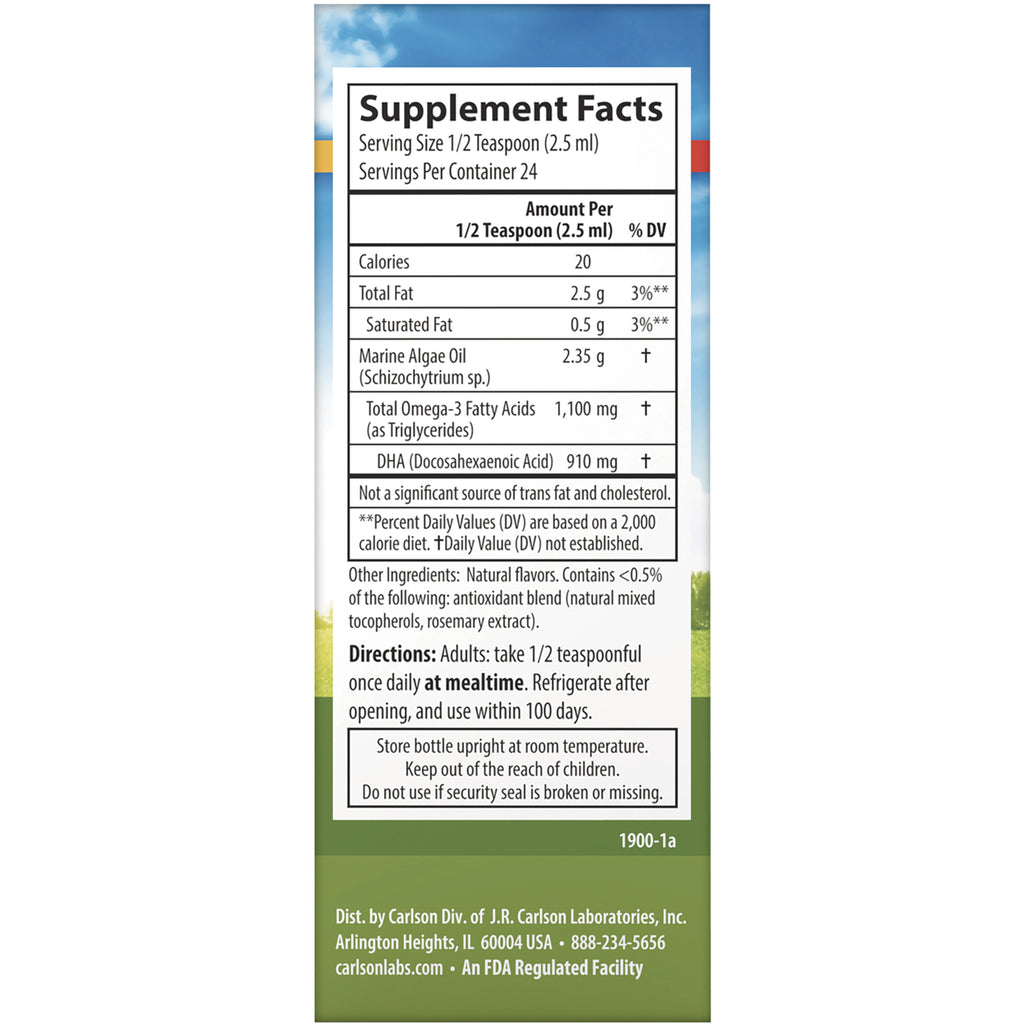 CSN317 | Supplement Facts panel and directions showing serving size, marine algae oil, total omega-3 1,100 mg and DHA 910 mg - Thumbnail