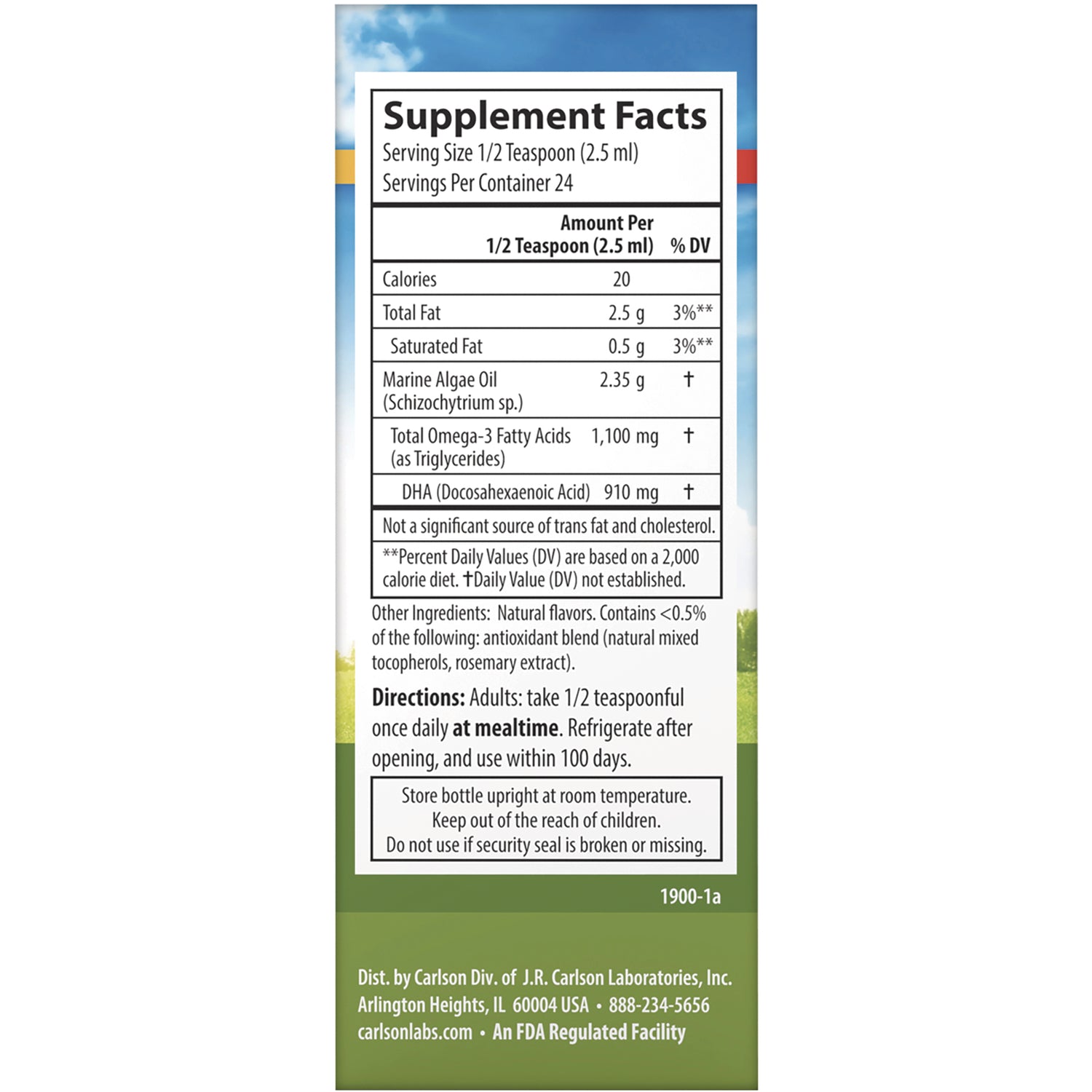 CSN317 | Supplement Facts panel and directions showing serving size, marine algae oil, total omega-3 1,100 mg and DHA 910 mg