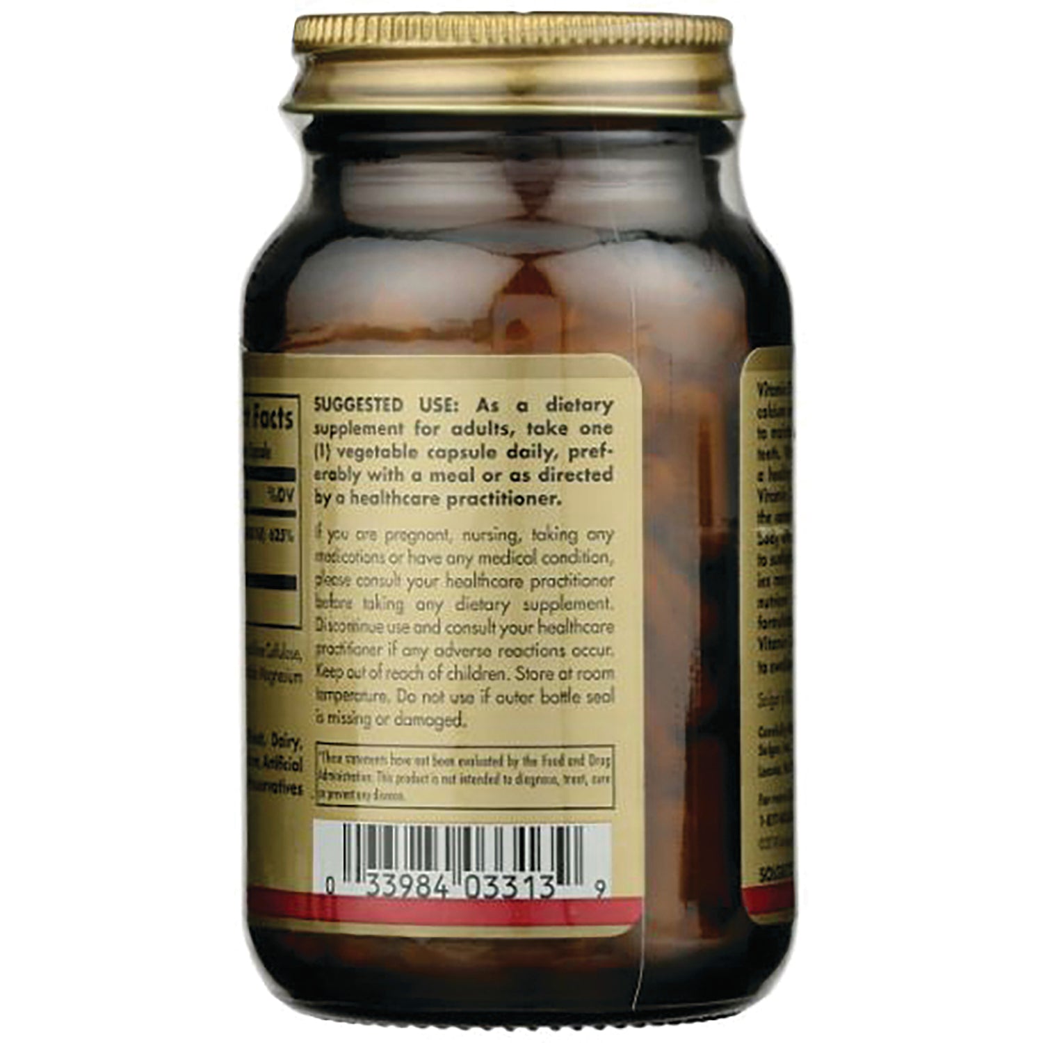 amber supplement bottle back showing suggested use, ingredients panel and barcode