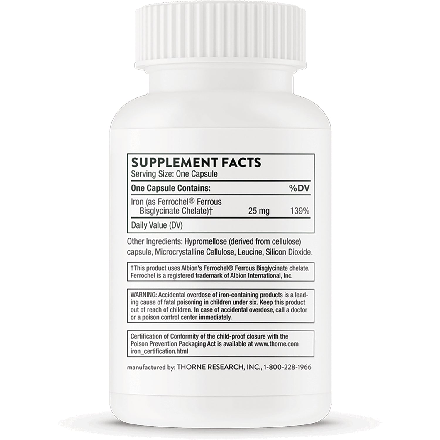 TRN013 | Back label with Supplement Facts; iron 25 mg (139% DV), ingredients, warnings, and certification info