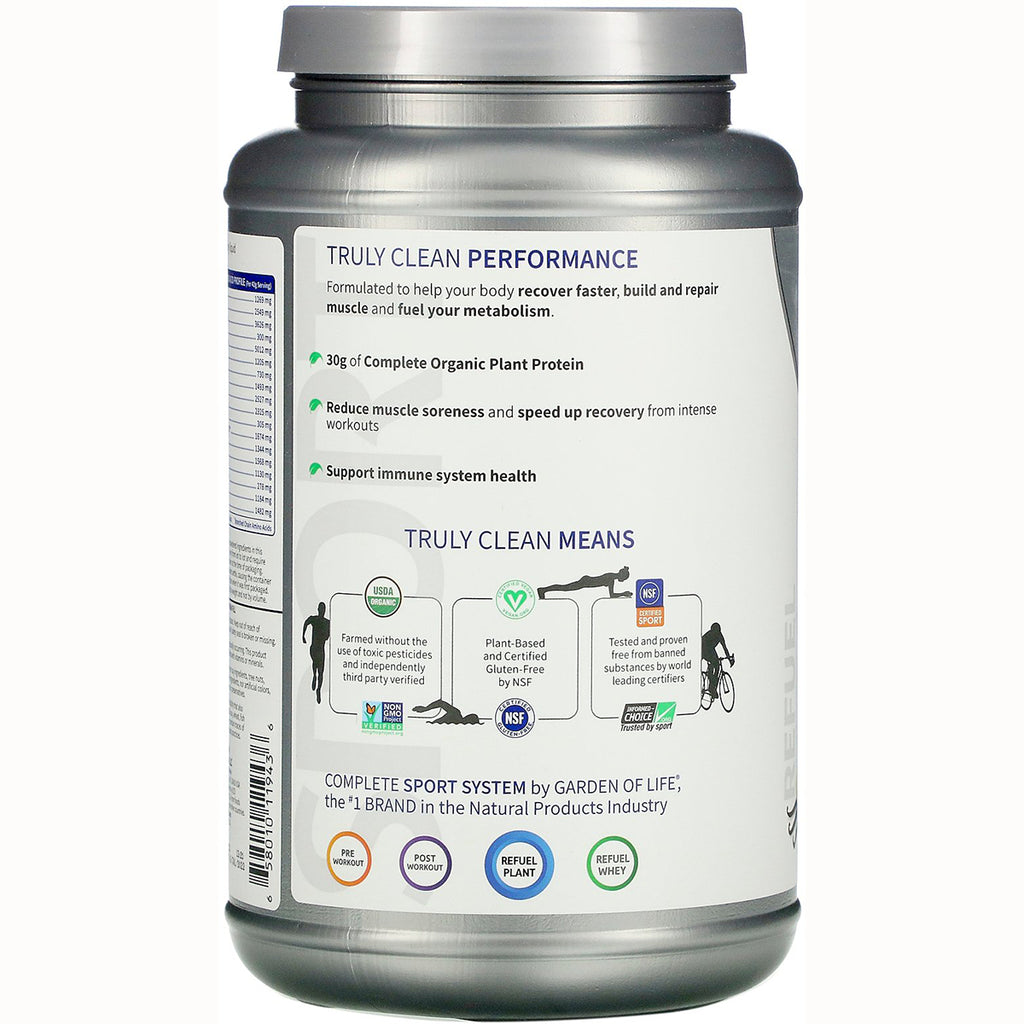 GLF241 | Back label of protein powder tub showing Truly Clean Performance claims, benefits, and certification icons - Thumbnail