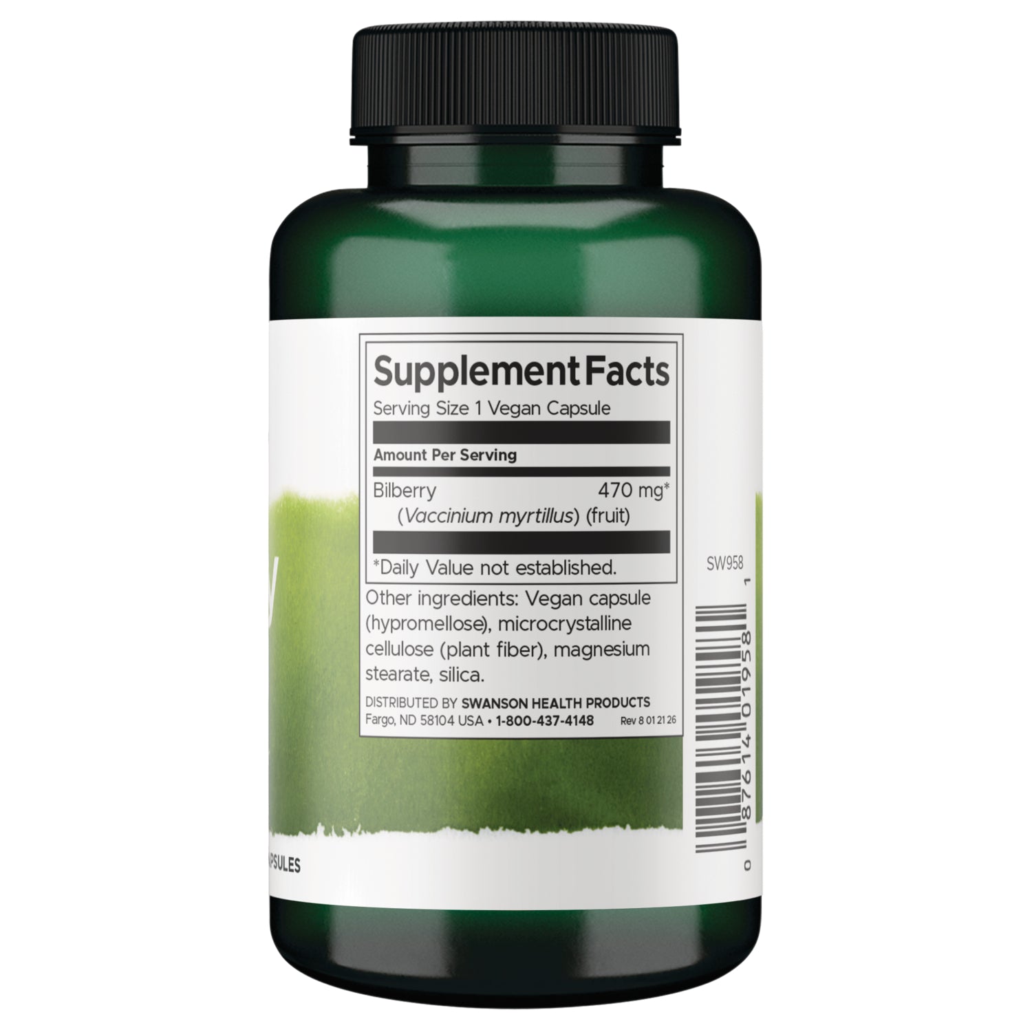 SW958 | Back label with Supplement Facts: Serving Size 1 Vegan Capsule; Bilberry 470 mg