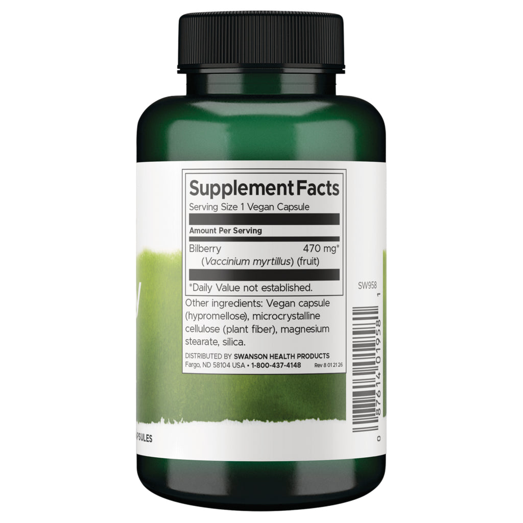 SW958 | Back label with Supplement Facts: Serving Size 1 Vegan Capsule; Bilberry 470 mg - Thumbnail
