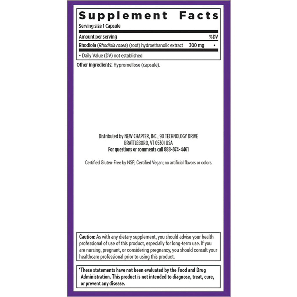 NWC039 | back label with Supplement Facts showing serving size 1 capsule, Rhodiola 300 mg, distributor info and caution box - Thumbnail